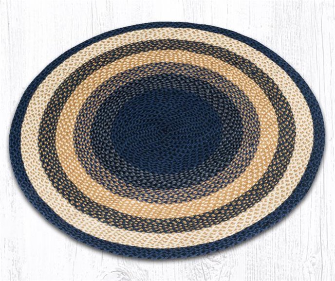 Lt. Blue/Dk. Blue/Mustard Round Braided Rug 4'x4' Thumbnail