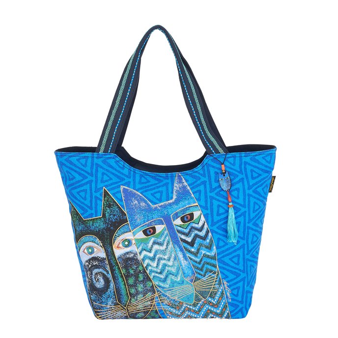 Laurel Burch  Medium Tote Handbag With Side Pockets Blue Cat Faces New 