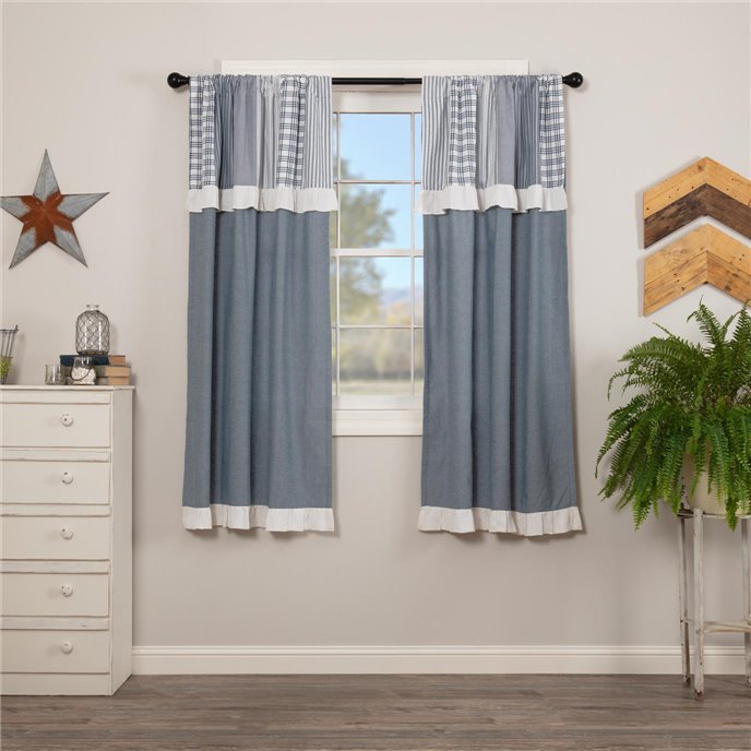 Sawyer Mill Blue Chambray Solid Short Panel with Attached Patchwork Valance Set of 2 63x36 Thumbnail