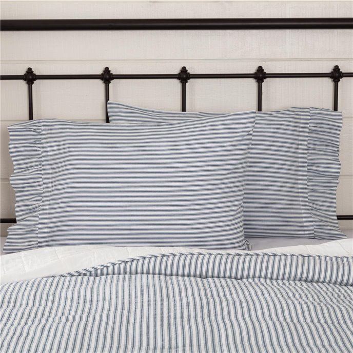 Sawyer Mill Blue Ticking Stripe Ruffled Standard Pillow Case Set of 2 21x30 Thumbnail