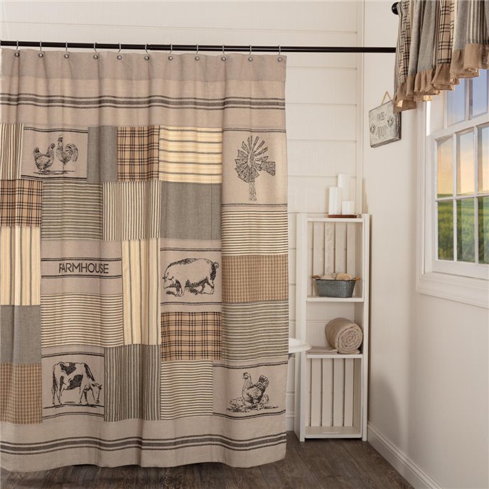 Sawyer Mill Charcoal Stenciled Patchwork Shower Curtain 72x72 Thumbnail