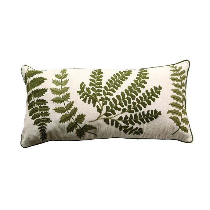 White Rectangle Cotton Pillow with Embroidered Green Ferns Thumbnail