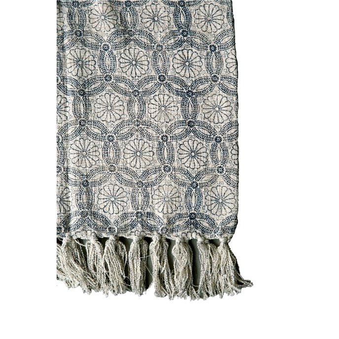 Floral Blue & Cream Cotton Print Throw with Fringe Thumbnail