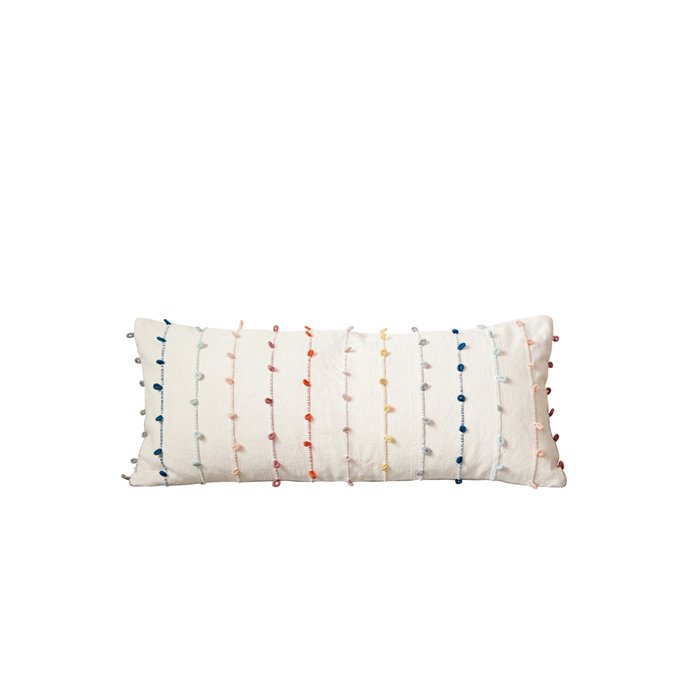 White Cotton Pillow with Multicolor Embroidered Loop Stripes Thumbnail