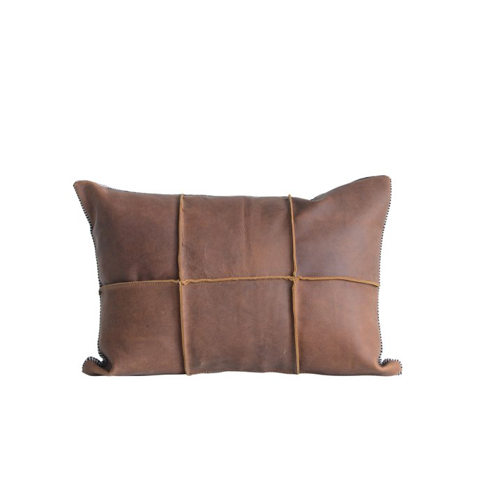 Brown Leather Pillow with Black & White Striped Felt Back Thumbnail