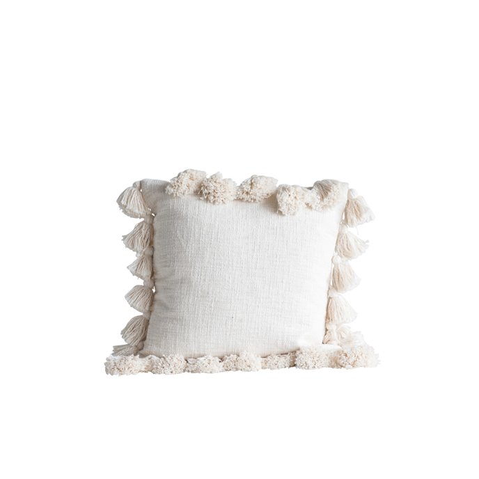 Luxurious Cream Square Cotton Woven Slub Pillow with Tassels Thumbnail
