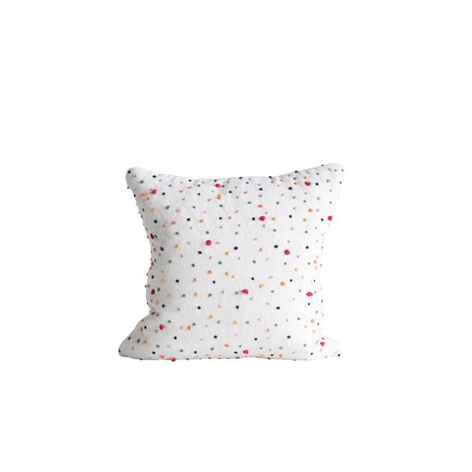 Square White Cotton Pillow with Multicolor Polka Dots & French Knots Thumbnail