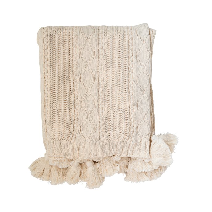 Chunky Cable Knit Cream Cotton Throw with Tassels Thumbnail
