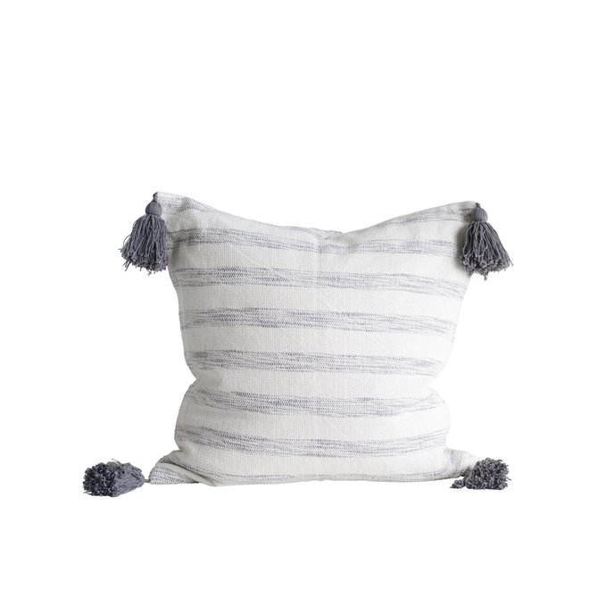 White & Grey Striped Cotton Woven Pillow with Tassels Thumbnail