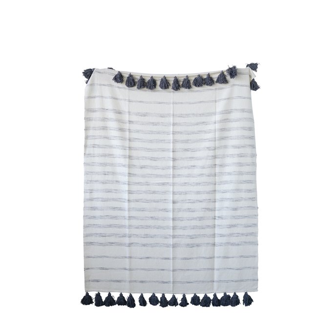 Cream Cotton Woven Throw with Grey Stripes and Tassels Thumbnail