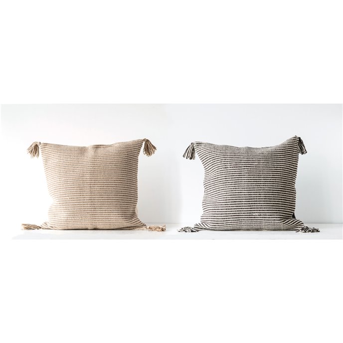 Brown/Black Striped Square Cotton Woven Pillow with Tassels (Set of 2 Colors) Thumbnail