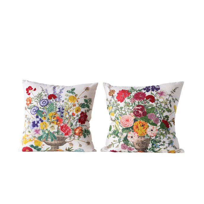 Square Cotton Blend Pillow with Embroidered Flowers (2 styles) Thumbnail