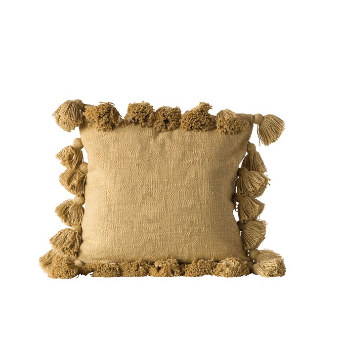 Square Cotton Woven Pillow with Tassels, Mustard Thumbnail