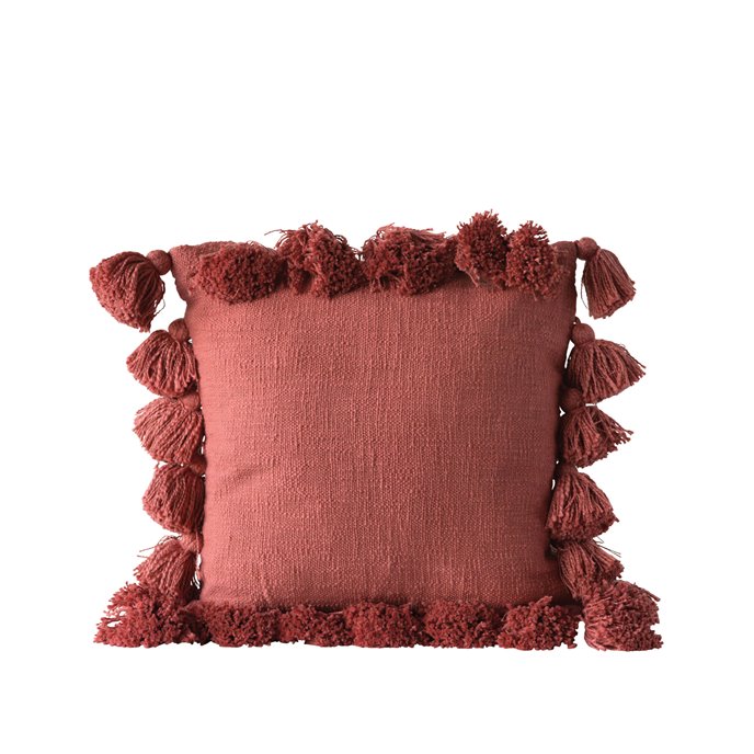 Square Cotton Woven Pillow with Tassels, Russet Thumbnail