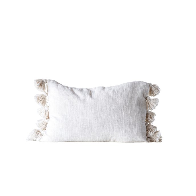 Cream Cotton Woven Slub Pillow with Plush Tassels Thumbnail