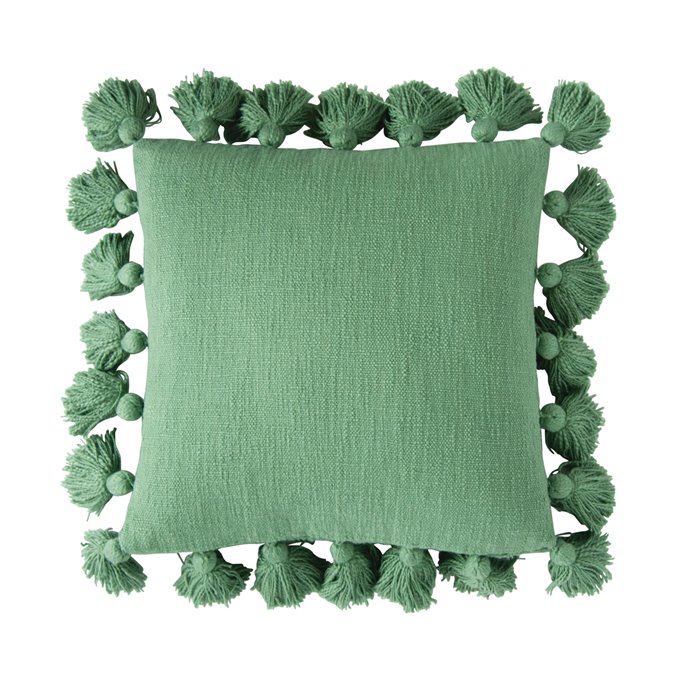Square Green Cotton Pillow with Tassels Thumbnail