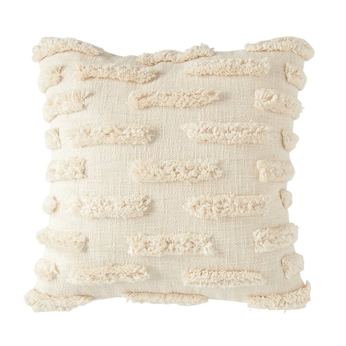 White Cotton Embroidered Pillow with Lines of Decorative Fringe Thumbnail