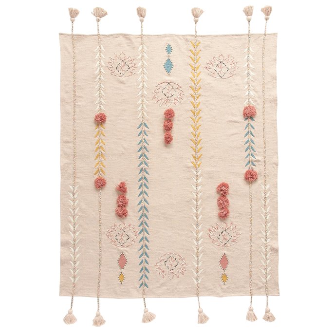 Embroidered Pink Cotton Throw with Decorative Applique, Pom Poms & Tassels Thumbnail
