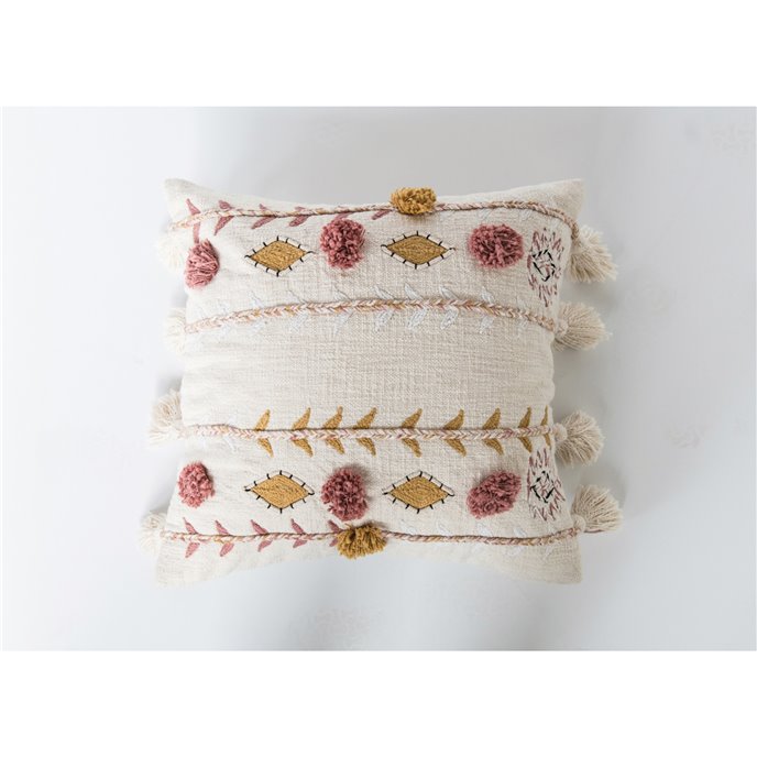 Embroidered & Appliqued White Cotton Pillow with Tassels and Accented with Mustard & Rose Pom Poms Thumbnail