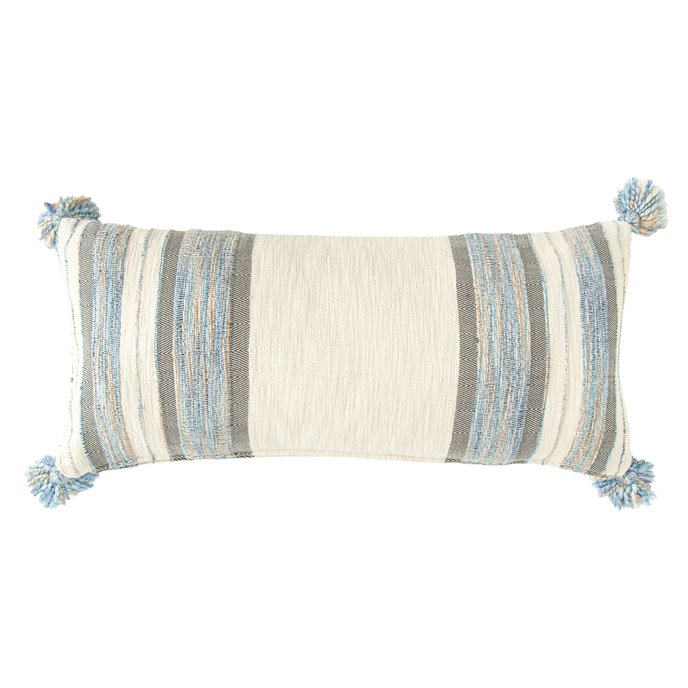 Blue, Grey & Cream Striped Cotton Blend Lumbar Pillow with Tassels Thumbnail