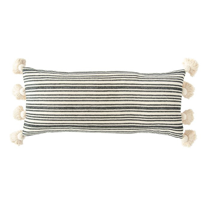 White Cotton & Chenille Woven Lumbar Pillow with Raised Black Stripes & Thick Tassels Thumbnail