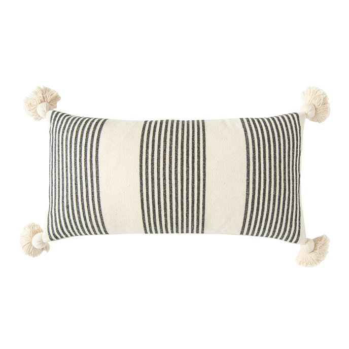 Cream Cotton & Chenille Pillow with Vertical Black Stripes, Tassels & Solid Cream Back Thumbnail