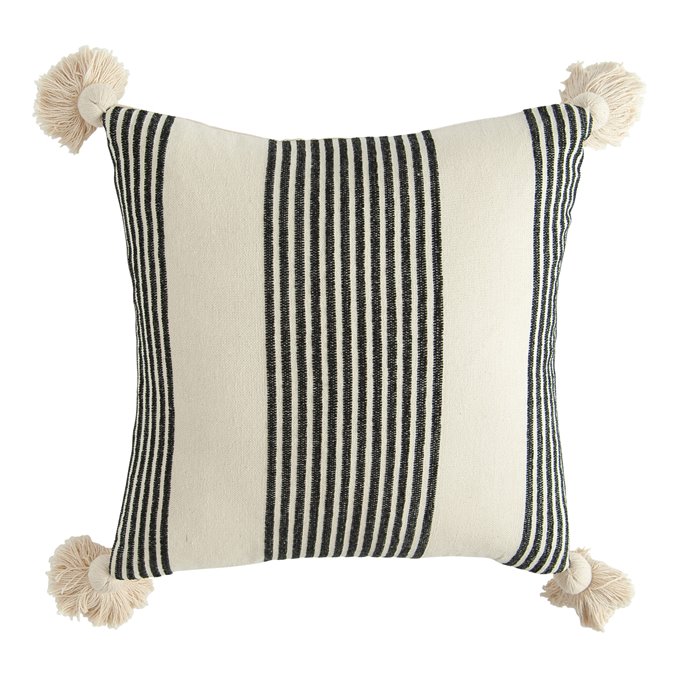Cream Cotton & Chenille Pillow with Black Stripes & Tassels Thumbnail