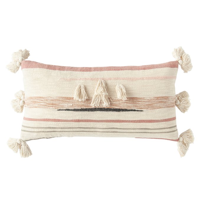 Cream Cotton Kilim Lumbar Pillow with Brown, Pink & Black Stripes & Tassels Thumbnail