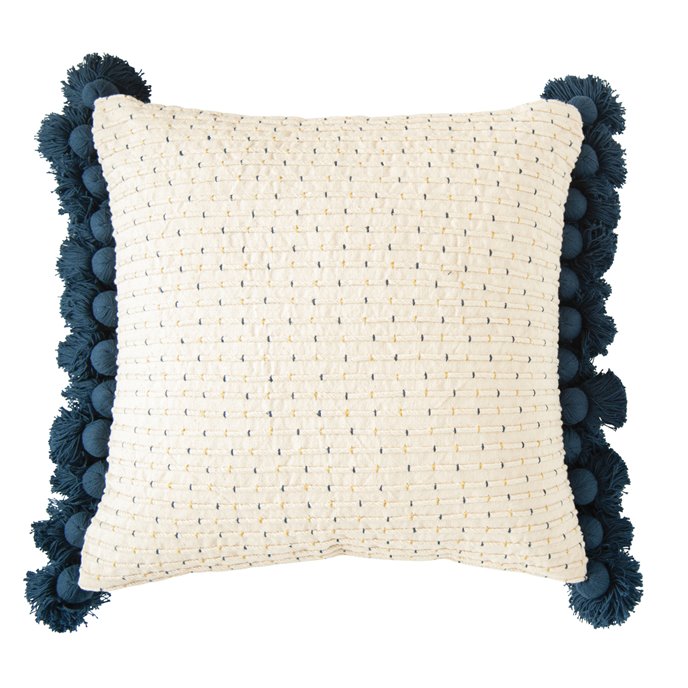 Embroidered Navy & Gold Cotton Woven Pillow with Tassels Thumbnail