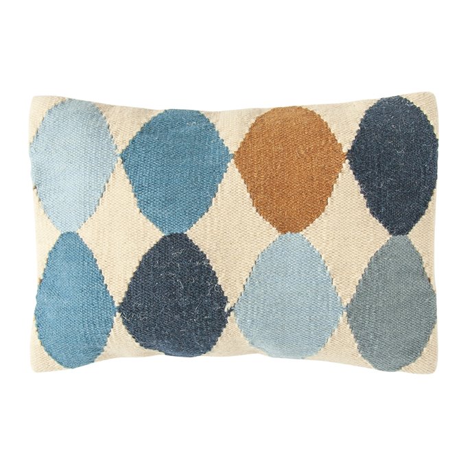 Off-White Wool Blend Lumbar Pillow with Blue & Brown Pattern Thumbnail