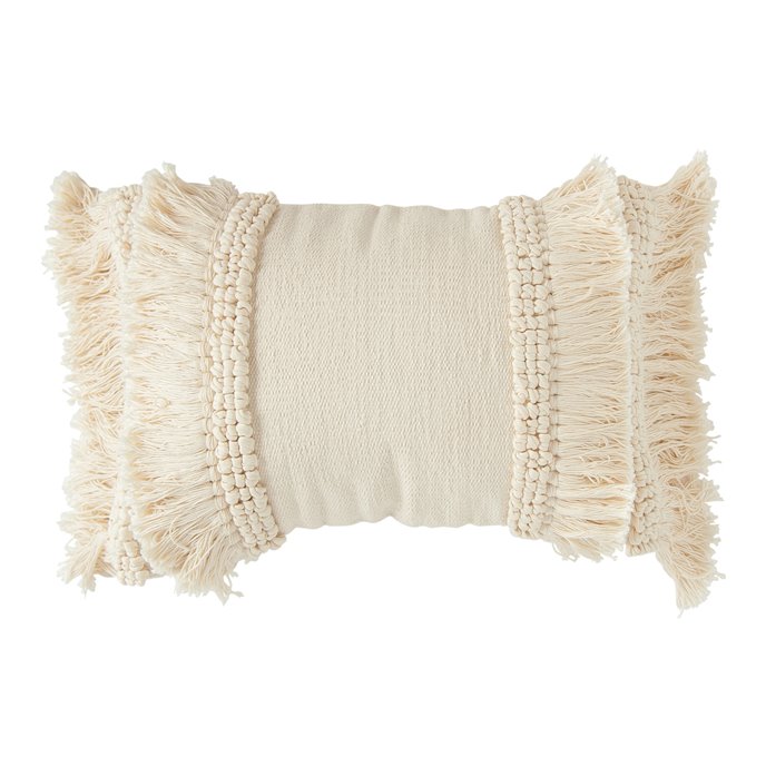 Cream Cotton & Chenille Woven Lumbar Pillow with Long Fringe Thumbnail