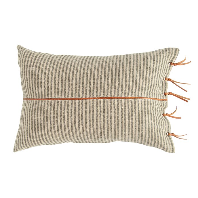 Beige & Black Striped Cotton Ticking Lumbar Pillow with Leather Trim Thumbnail