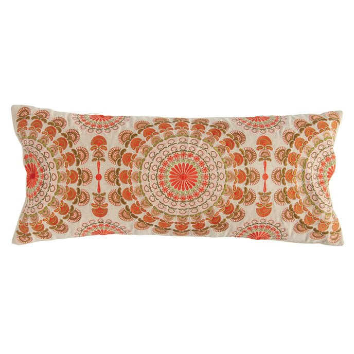 Orange, Pink & Green Cotton Embroidered Lumbar Pillow Thumbnail
