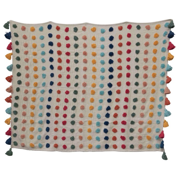 60"L x 50"W Woven Cotton Throw with Tufted Dots & Tassels Thumbnail