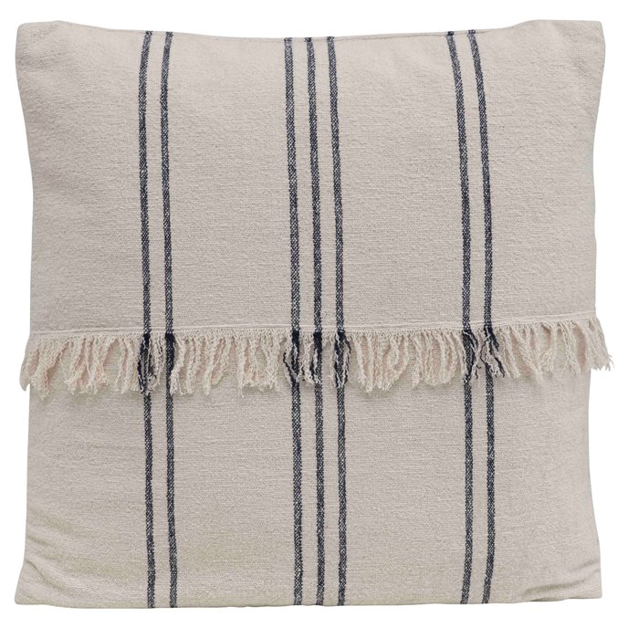 Square Striped Cotton Mudcloth Pillow with Fringe Center Thumbnail
