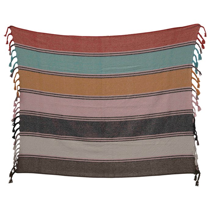 60"L x 50"W Recycled Cotton Blend Striped Throw with Braided Fringe Thumbnail