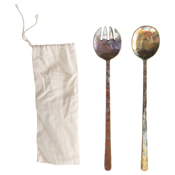 Copper Salad Servers with Burnt Finish & Textured Flat Handles (Set of 2 Pieces in Drawstring Bag) Thumbnail
