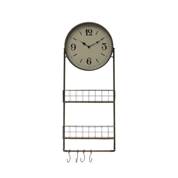 Round Metal & Wood Wall Clock with 2 Storage Baskets, Rod & 4 Hooks Thumbnail