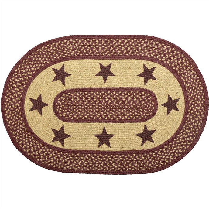 Burgundy Red Primitive Jute Rug Oval Stencil Stars w/ Pad 20x30 Thumbnail