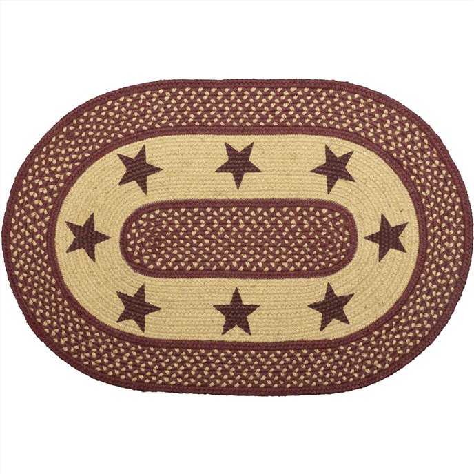 Burgundy Red Primitive Jute Rug Oval Stencil Stars w/ Pad 20x30 Thumbnail