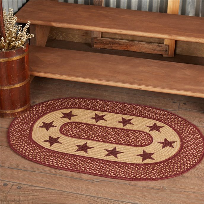 Burgundy Red Primitive Jute Rug Oval Stencil Stars w/ Pad 24x36 Thumbnail