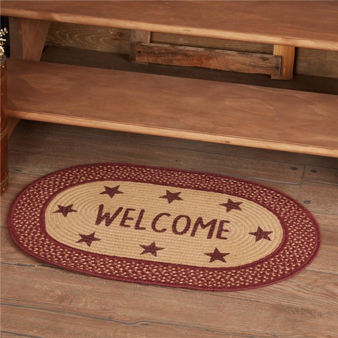 Burgundy Red Primitive Jute Rug Oval Stencil Stars Welcome w/ Pad 20x30 Thumbnail
