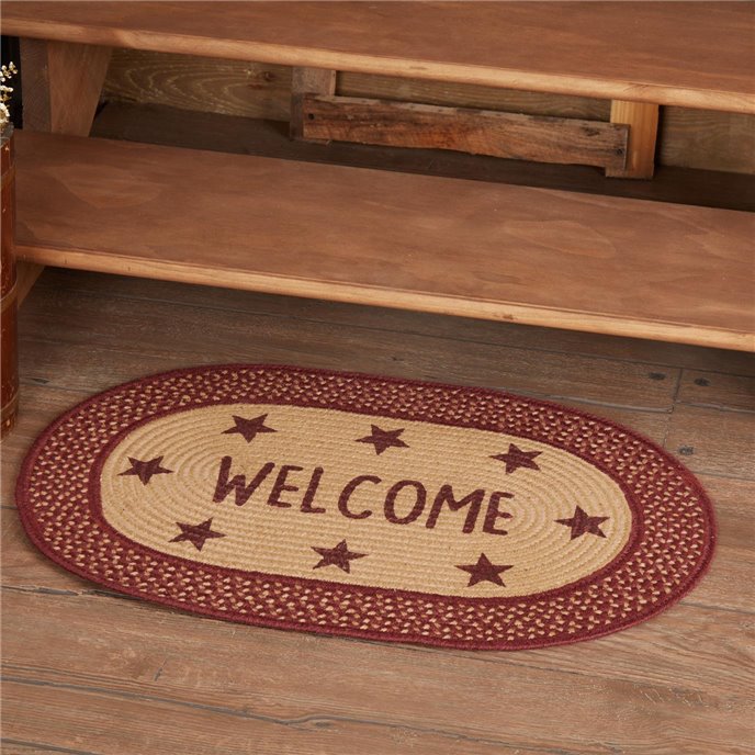 Burgundy Red Primitive Jute Rug Oval Stencil Stars Welcome w/ Pad 20x30 Thumbnail
