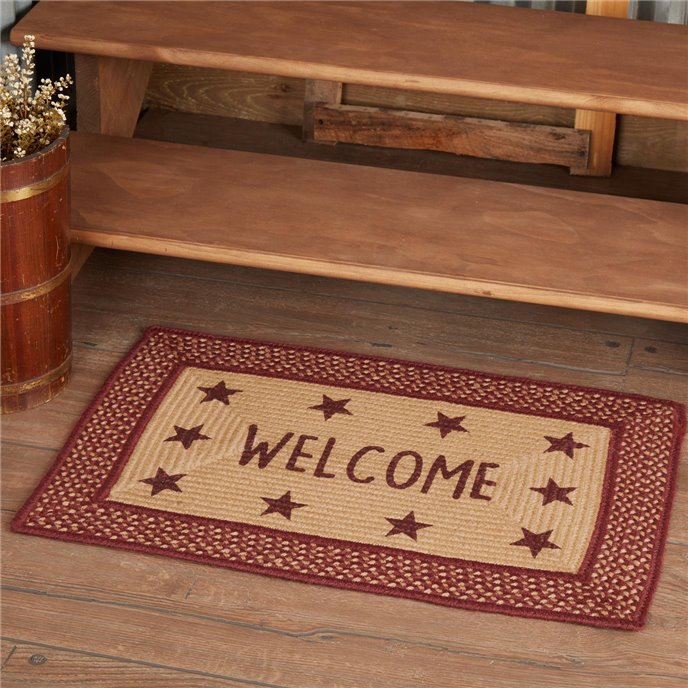Burgundy Red Primitive Jute Rug Rect Stencil Stars Welcome w/ Pad 20x30 Thumbnail