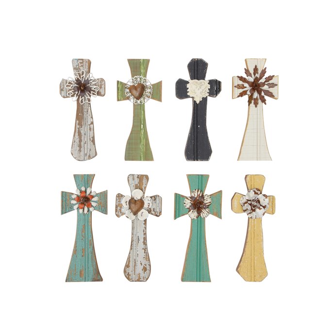 Wood & Metal Cross Wall Décor with Floral Accents (Set of 8 Styles) Thumbnail