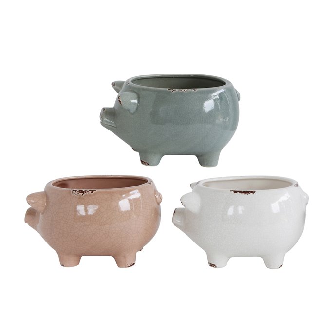 Distressed Stoneware Pig Planter (Set of 3 Colors/Holds 6" Pot) Thumbnail