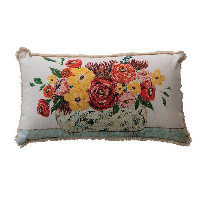 Lumbar Fringe & Flowers in Vase Cotton Pillow Thumbnail