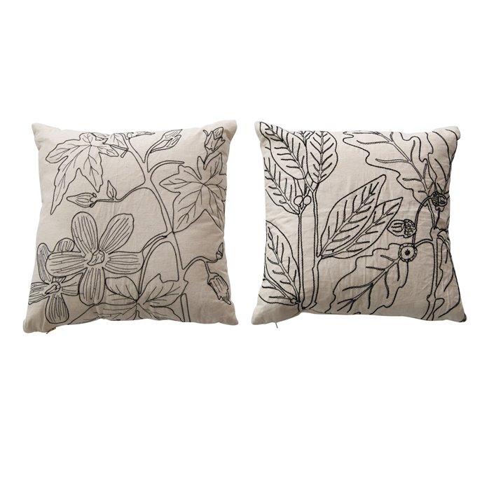 18" Square Cotton Pillow w/ Botanical Embroidery & Gold Zipper, Natural & Black, 2 Styles Thumbnail