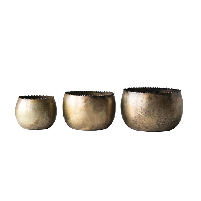 Heavily Distressed Antique Brass Pots with Rim Beading (Set of 3 Sizes) Thumbnail