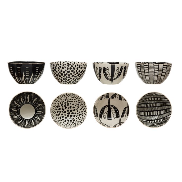Stoneware Bowl w/ Pattern & Gold Electroplating, Black & White, 4 Styles Thumbnail